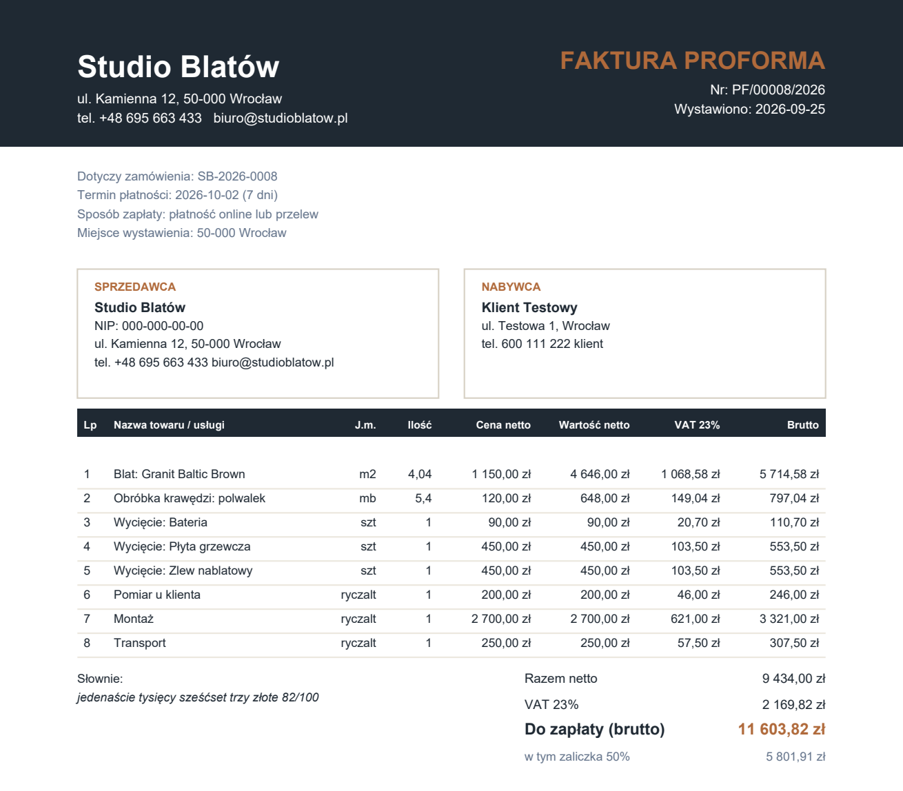 Faktura proforma wystawiona przez system