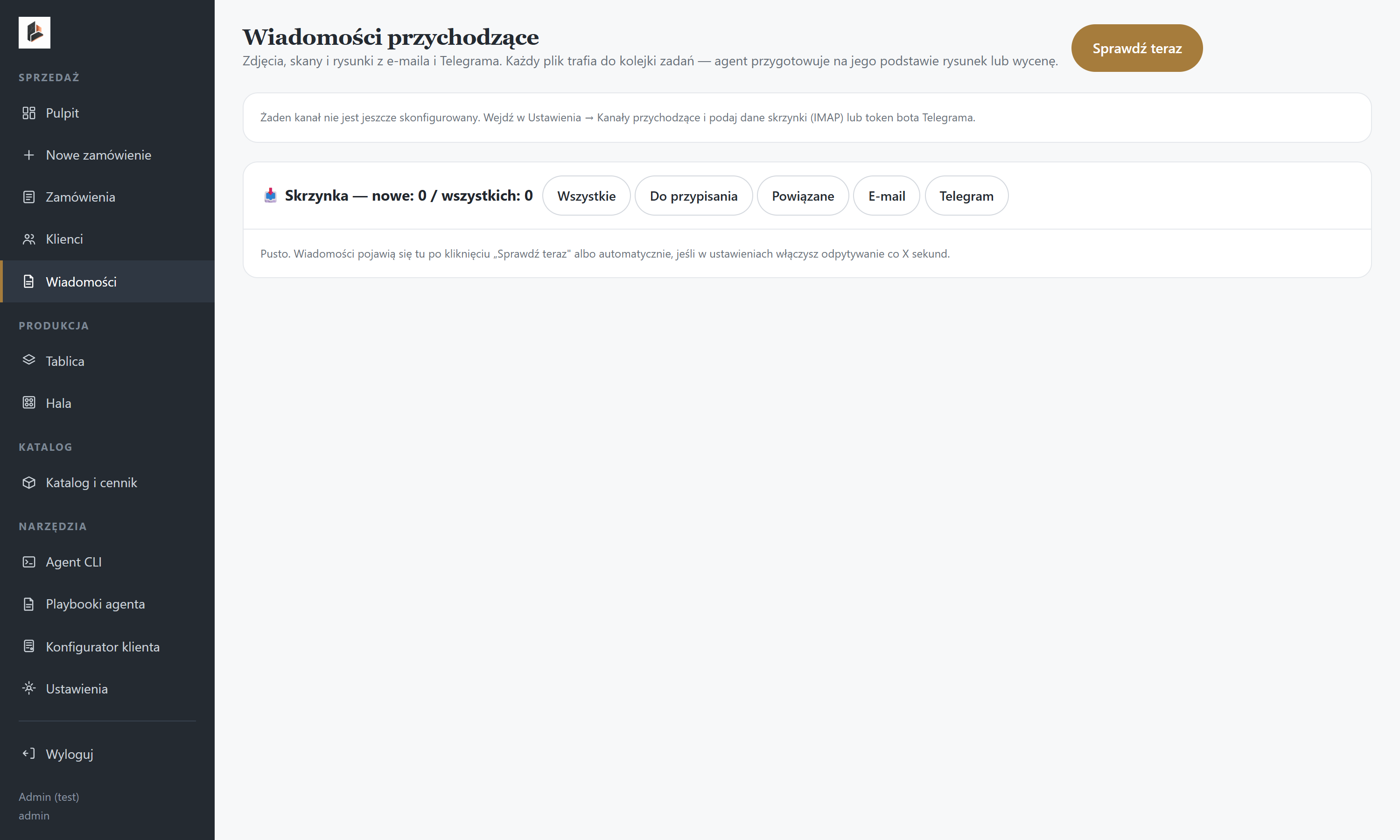 Skrzynka wiadomości przychodzących w panelu